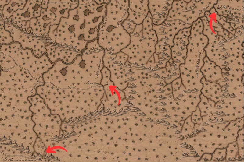 
							 - Postos avançados de povoação destacados no mapa de Rocha da Comarca de Villa Rica. Elaborado sobre ROCHA, José Joaquim da. [ca. 1740-1808]. Mappa da Comarca de Villa Rica. Joze Joaquim da Rocha o fes. Escala [ca. 1: 600 000]. Anno de 
							1779
							. 1 mapa ms., color. à mão; 40,8 cm × 79,8 cm em folha 54 cm × 83,8 cm.
						