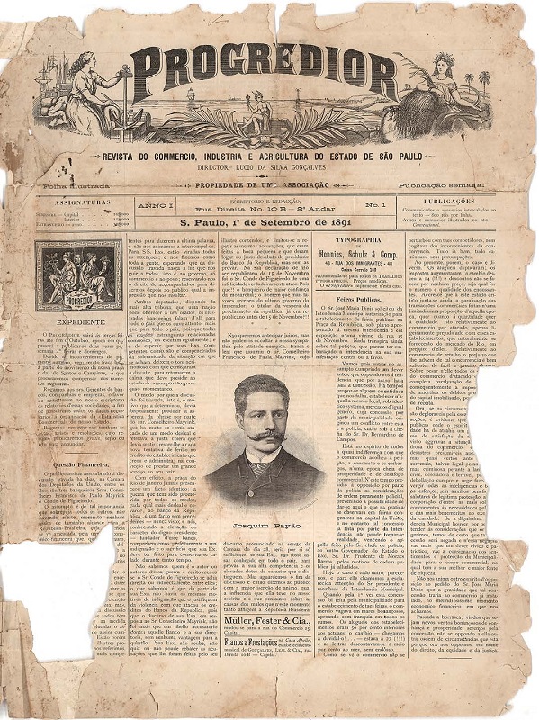 
							 - Primeira edio do jornal 
							Progredior: Revista do commercio, industria e agricultura do Estado de So Paulo,
							 impresso pela Typographia de Hennies, Schulz & Comp. em 1891. 
						