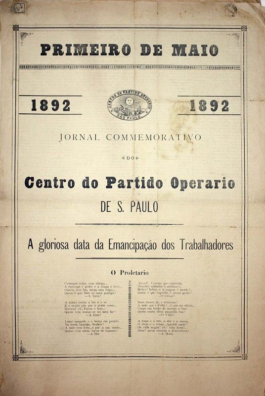  - Primeiro de Maio: jornal commemorativo do Centro do Partido Operario de S. Paulo, Typ. Hennies & Winiger, 1892. 