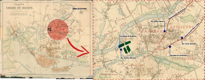  - Localizao da rea de estudo (esquerda) e dos edifcios analisados (direita) sobre a Planta da Cidade do Recife, elaborada por Douglas Fox e Mitchell Whitley, 1906.