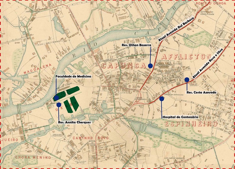  - Detalhe com a localizao dos edifcios estudados sobre a Planta da Cidade do Recife, elaborada por Douglas Fox e Mitchell Whitley, 1906.