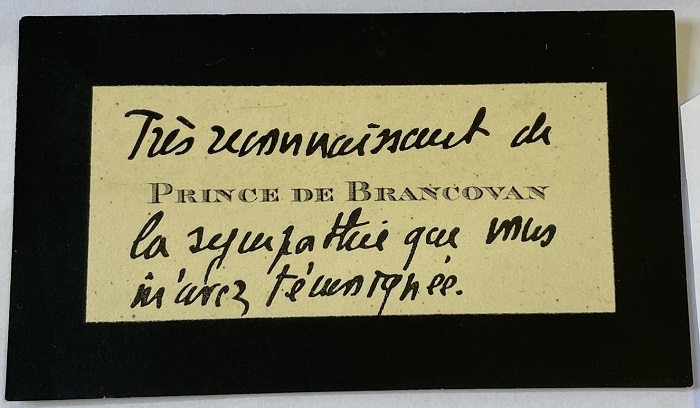 Card sent to one of the Teixeira Leite sisters by the Prince of Brancovan. Museu Casa da .Hera, MCH 90.10.39.