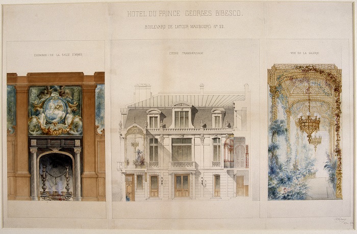 Charles-Justin Le Coeur. Projet pour l&rsquo;H�tel du Prince Georges Bibesco, coupe transversale. Entre 1870 et 1872. Pencil, pen and ink, watercolor, lavis and rehauts de gouache et d&rsquo;or on paper. 61,5 x. 96,5 cm.