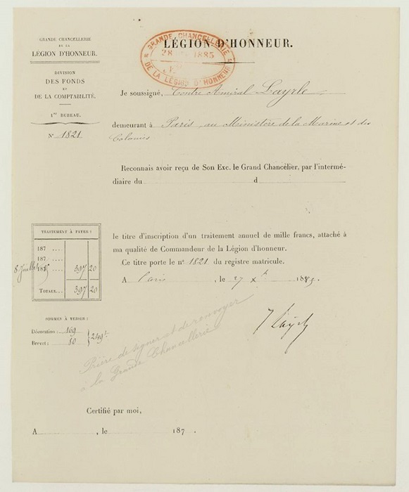 Document confirming that Charles-Jules Layrle duly received his L�gion d&rsquo;Honneur medal.