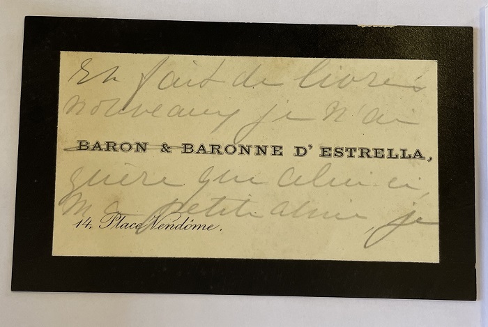 Card sent to Eufr�sia Teixeira Leite by the Baron and Baroness de Estrela. Museu Casa da Hera, MCH 90.10.148.