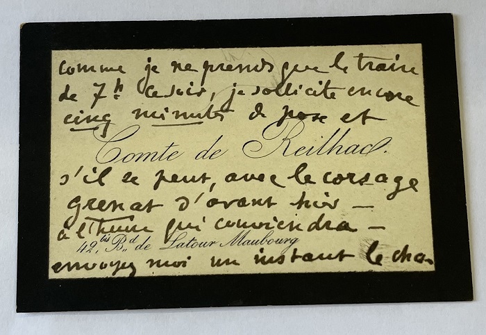 Card sent to one of the Teixeira Leite sisters by the Comte de Reilhac. Museu Casa da Hera, MCH 90.10.142.