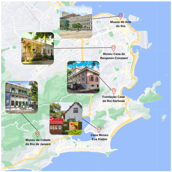 Mapa indicativo dos cinco museus visitados de agosto a dezembro de 2023 na cidade do Rio de Janeiro.