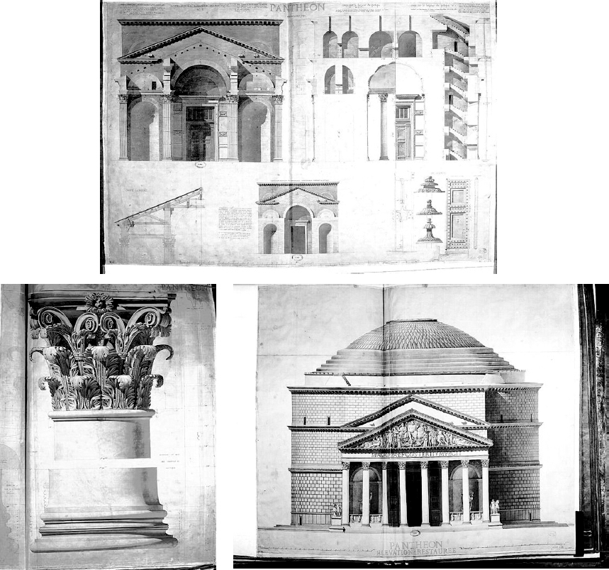 Achille Leclere. &ldquo;Restaura��es&rdquo; do Pant�o de Roma. Em ordem: Eleva��o e cortes na largura do p�rtico, detalhes da porta; detalhe de capital cor�ntio e base da coluna do p�rtico; e eleva��o frontal.