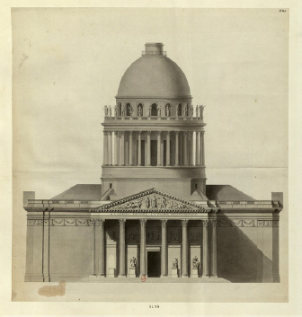 Autor desconhecido. Fachada da �glise de Sainte-Genevi�ve, posteriormente transformada em Pante�o de Paris, c.1791. Ilustra��o.