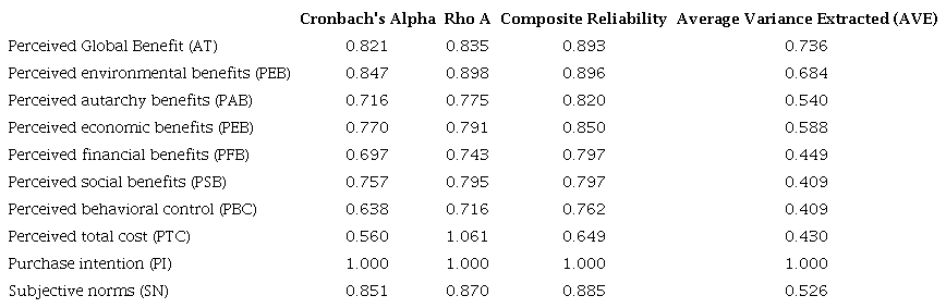 Reliability and validity measures of constructs