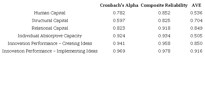 Values related to the model internal consistency 