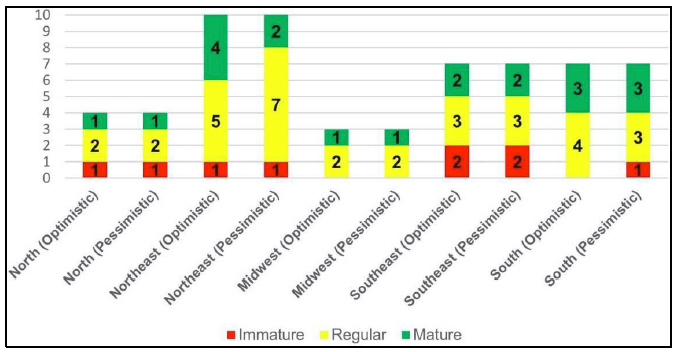 Classification of the FHEIs as Immature, Regular or Mature distributed by regions in Brazil