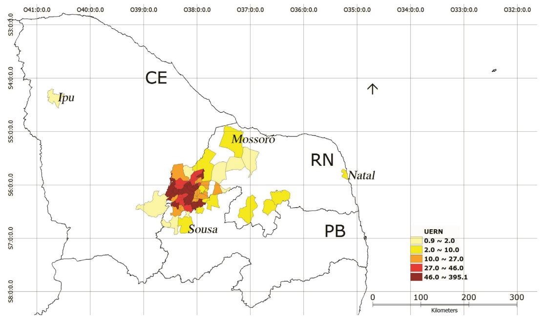 Undergraduate students matriculated at CAMEAM/UERN, by municipality – semester 2016.1