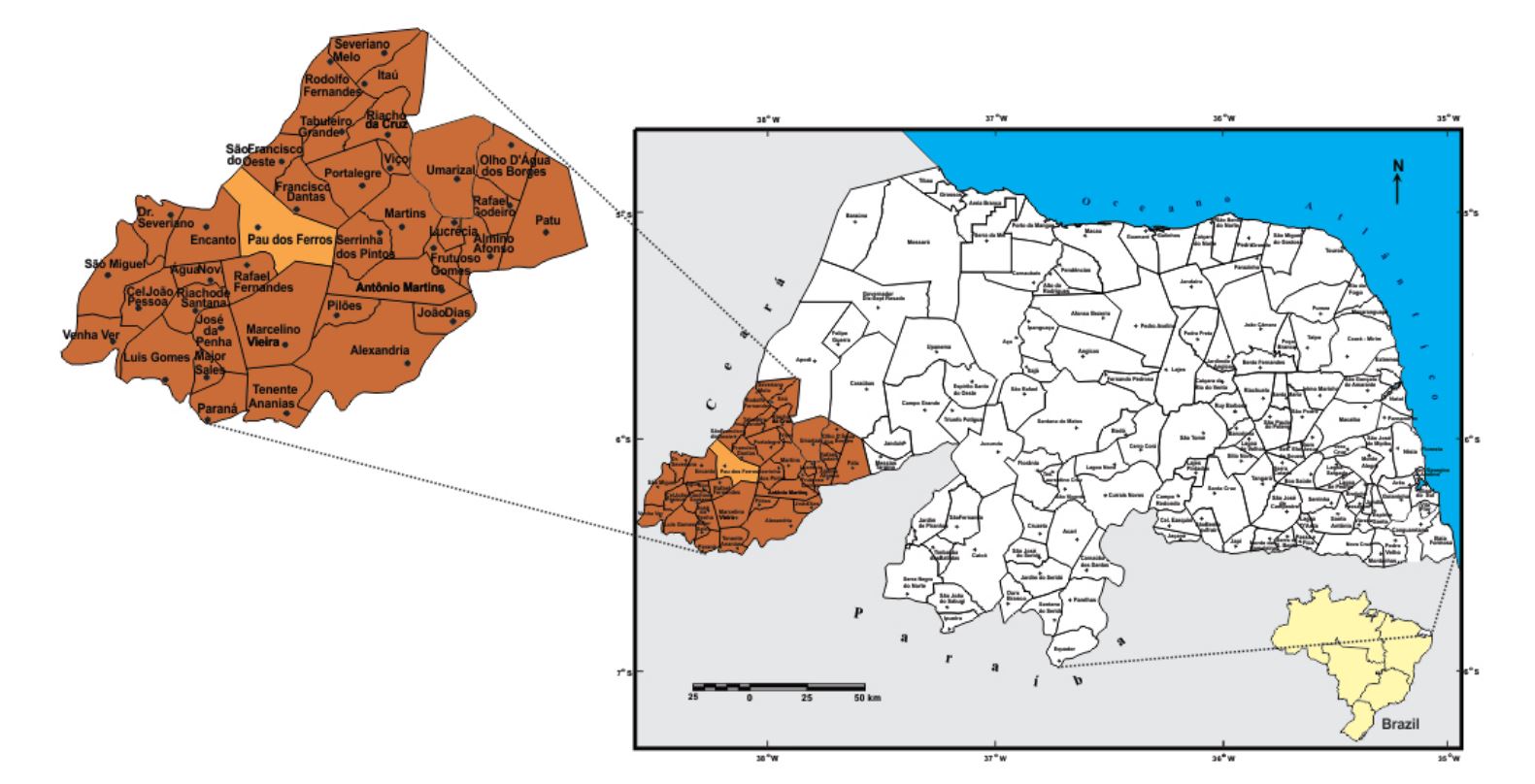 State of Rio Grande do Norte, highlighting the Upper West Potiguar region