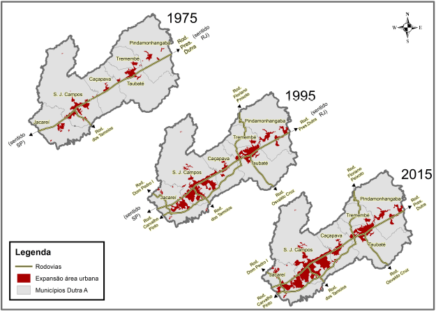 Area of urban sprawl in 1975, 1995 and 2015