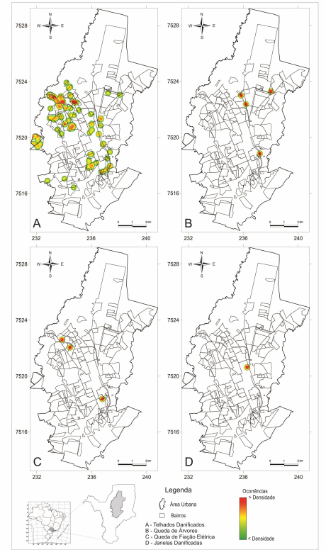 Cartograms of the damage caused by hailstorms in Rio Claro (SP). A &ndash; Blown-off roofs; B - Fallen Trees; C - Fallen Electrical Cables and D - Broken Windows.