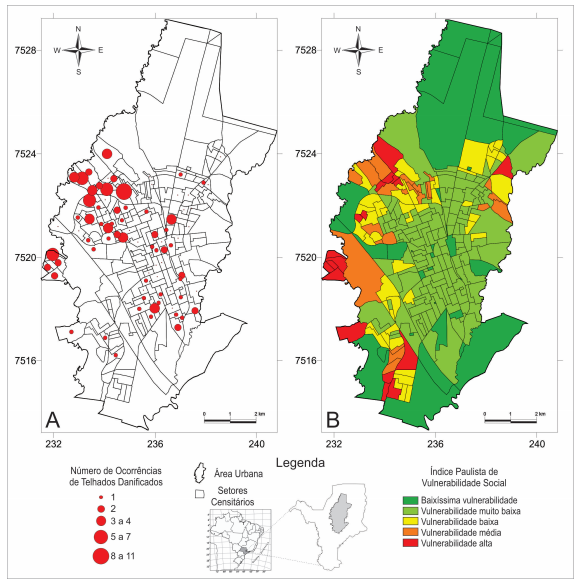 Number of Roofs Damaged (A) and Social Vulnerability Index (B) of the Census Sectors of the City of Rio Claro (SP).