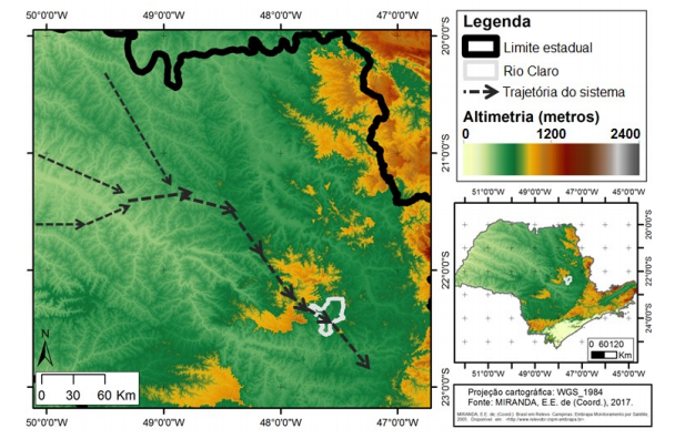 Trajectory of the convective system in the territory of S&atilde;o Paulo on June 1, 2016