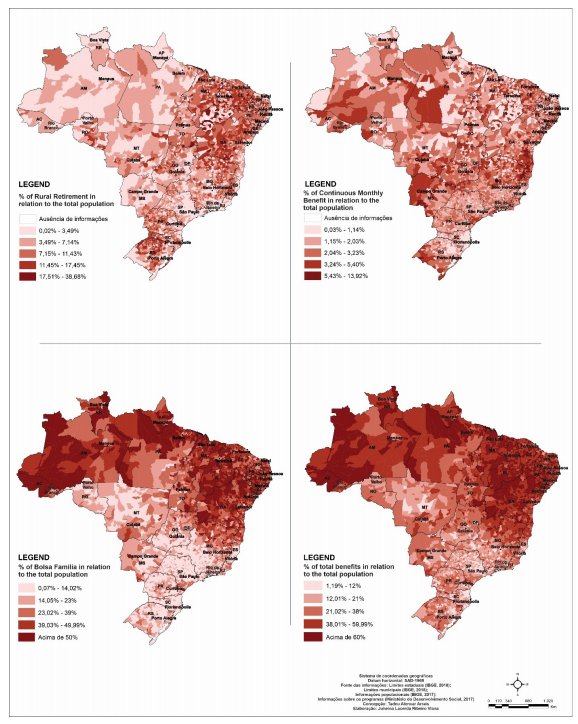 Percentage of the benefits of Rural Retirement, Continuous Monthly Benefit and Bolsa Familia in relation to the total population of the municipality, 2017