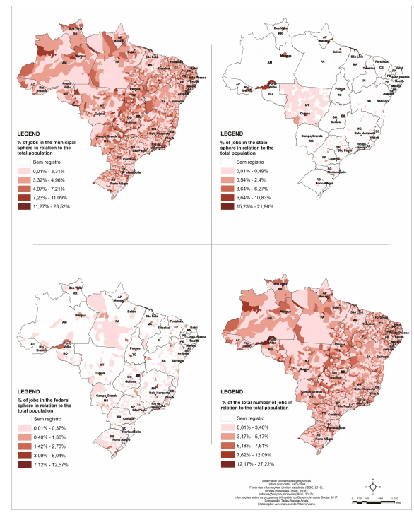 Percentage of public employment in the three administrative spheres in relation to the municipal population, 2017