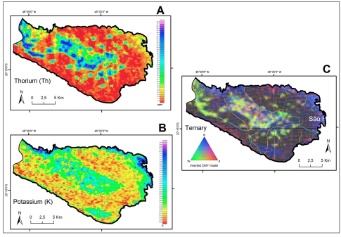 Concentration maps for the radioelements in the Diamante Tableland. A) Thorium; B) Potassium; C) Ternary.