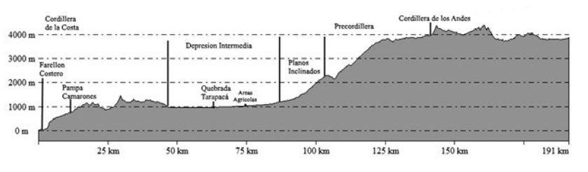 Perfil Topogrfico Regin de Tarapac. Localizacin de las reas agrcolas en la Quebrada de Tarapac.