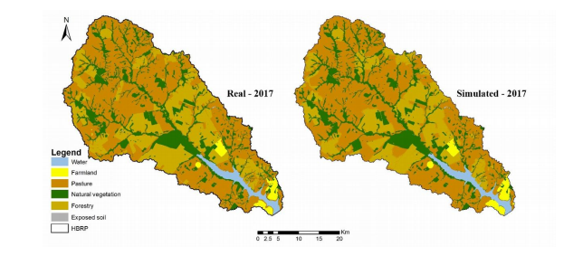 Comparison of the real and simulated land cover scenarios of the Pântano River basin (HBPR) in 2017.