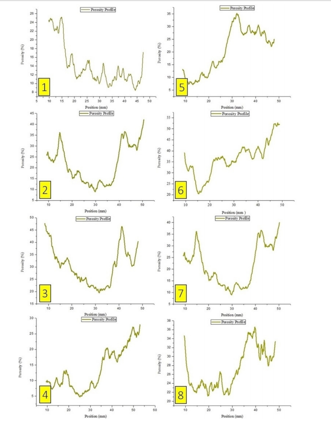 Porosity profiles of the eight soil samples submitted to the Computerized Microtomography.