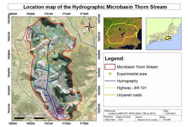 Location map where the access routes, the hydrography and the delimitation of the Stream of Thorn Microbasin.