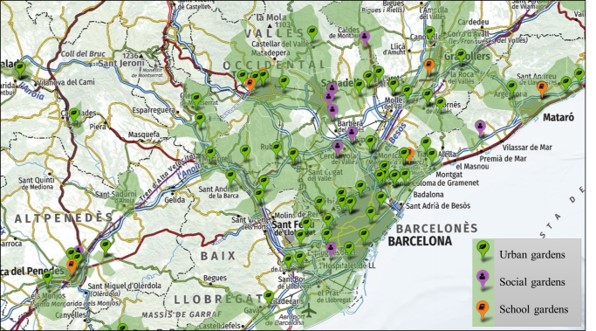  Some of the existing vegetable gardens in Barcelona Metropolitan Area (Catalonia). Source: Xarxa de Ciutats i Pobles cap a la Sostenibilitat. July 2017. Map developed, using different sources, by Jordi Montagut Alandi as a result of an internship at Barcelona Provincial Council. 