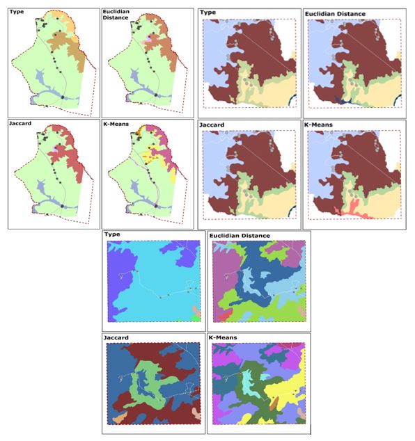 Validation of clusters in each algorithm and similarity metric of the cluster to the south(Emas National Park), north (Pinga-Fogo), and center of the municipality of Mineiros, Goias, Brazil
