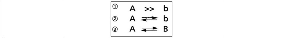 Symmetrical (homogeneous) and asymmetric (heterogeneous) relationships in hierarchies. 1)&ldquo;A&rdquo; dominates &ldquo;b&rdquo;, unilaterally; 2) &ldquo;A&rdquo; dominates &ldquo;b&rdquo;, but &ldquo;b&rdquo; affects &ldquo;A&rdquo;; 3) &ldquo;A&rdquo; and &ldquo;b&rdquo; affect eachother similarly.