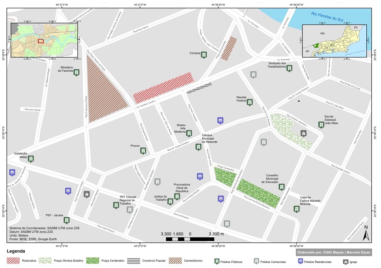 Resende Center: location of buildings built in the 19th century - 2018. Key: Bus Station /Oliveira Botelho Sqare / Centenario Square / Low-income Commerce / Carmelodromo / PublicBuildings / Commercial Buildings / Residential Buildings / Church