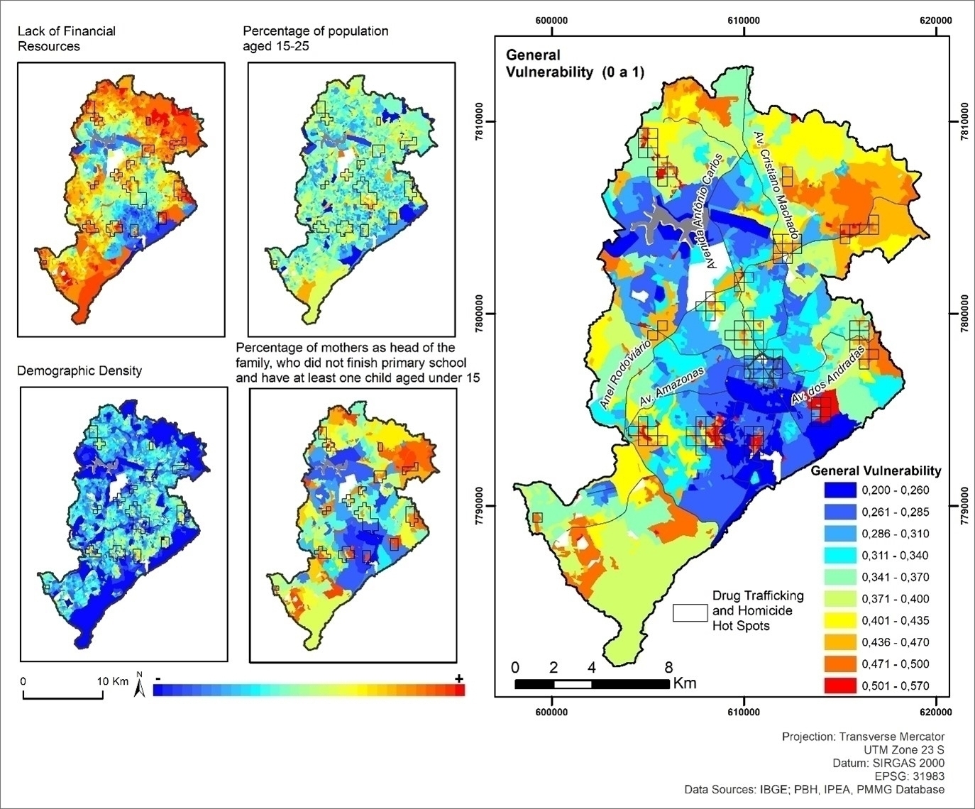 Variables and vulnerability index to homicides and drug trafficking - Belo Horizonte -2007-2016.