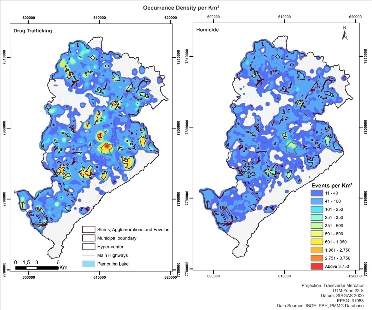 Map of occurrence density per km² - Drug Trafficking x Homicide - Belo Horizonte -2007-2016.