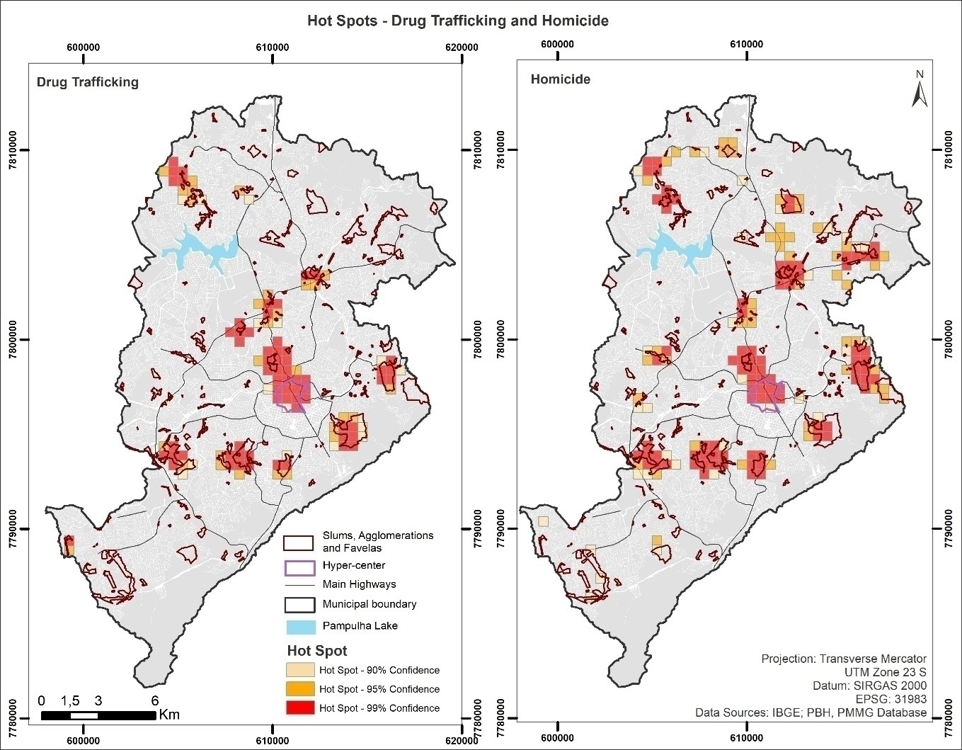Hot Spots by confidence level - Drug Trafficking vs. Homicide - Belo Horizonte - 2007-2016.