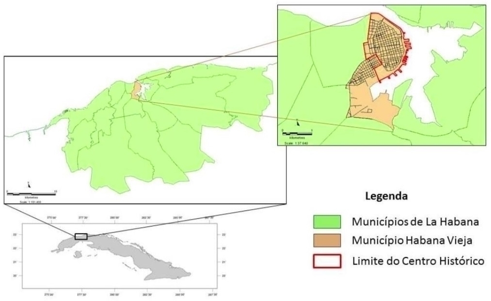 Havana Province, in green, Old Havana, in pink, and the Historical Center, perimeter in red.Source: the authors, based on information provided by the Empresa de Proyectos RESTAURA (OHCH)(2017)