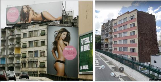 The blind wall of a building seen from the Minhocão expressway filled with advertising beforethe Clean City Law and in 2020 with a vertical garden.