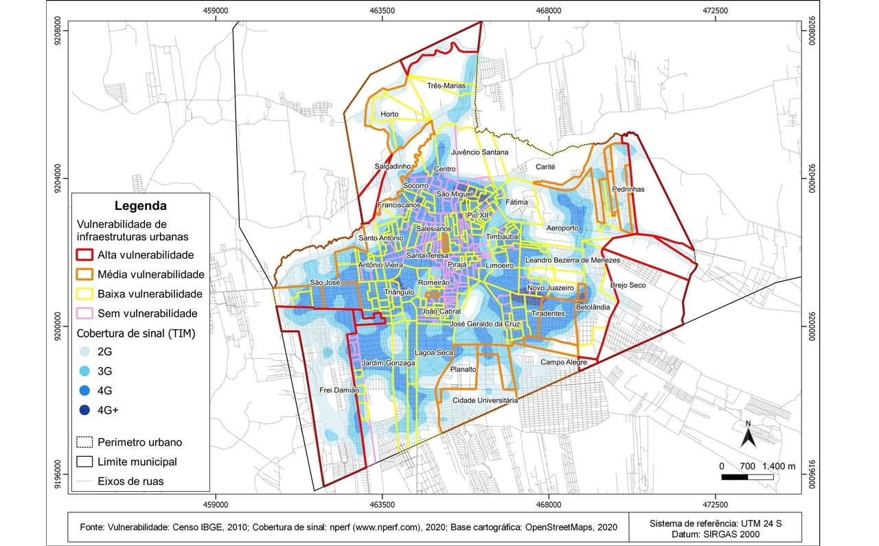 TIM operator signal coverage in urban infrastructure vulnerability polygons in Juazeiro do Norte - CE.