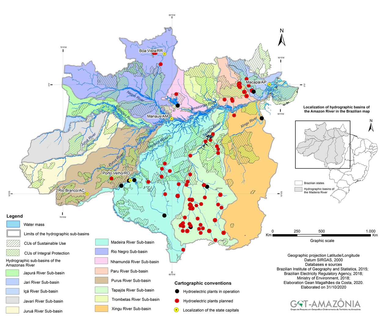 Location of hydroelectric plants and conservation units in the Amazon River basin, with emphasis on the Tapajs river basin.