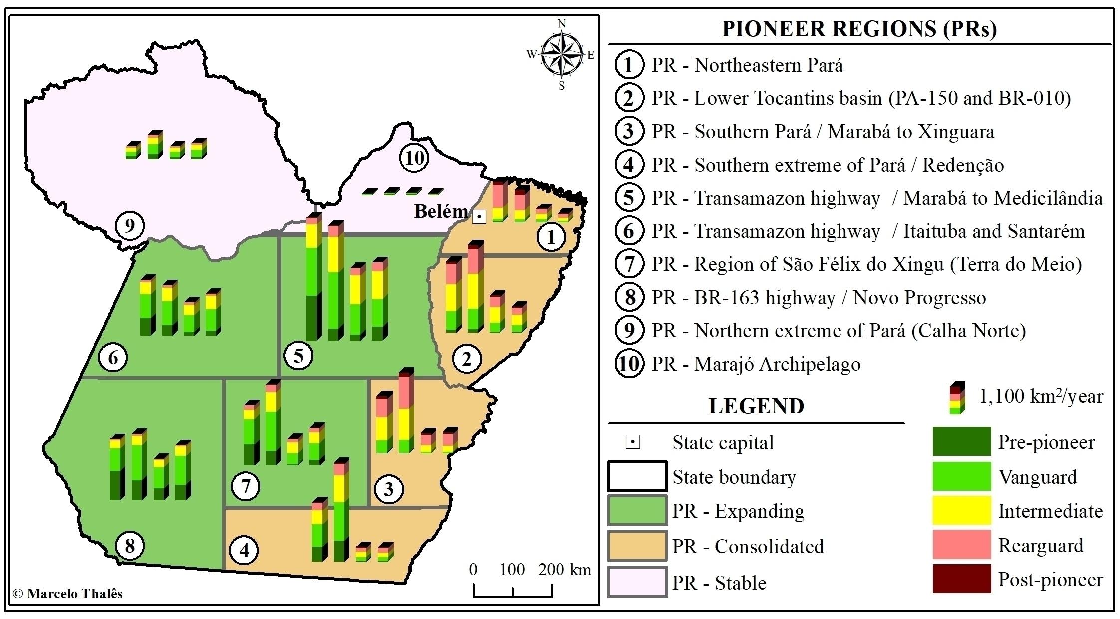 Spatial distribution of the pioneer regions and deforestation on the pioneer fronts in the Brazilian state of Par 
