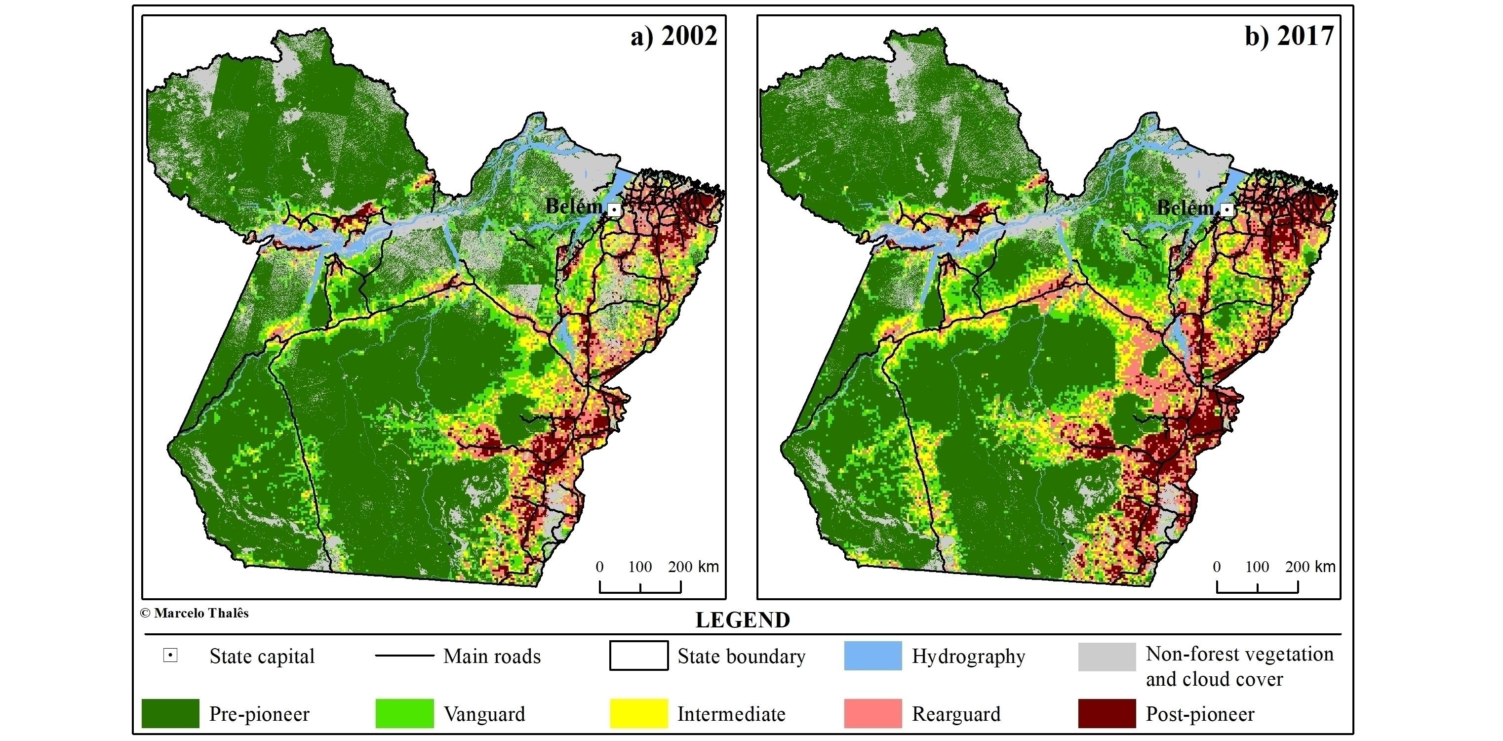 The pioneer fronts in the Brazilian state of Par in (a) 2002 and (b) 2017