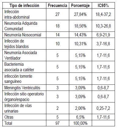 Distribuci&oacute;n del tipo de infecciones origen. Pacientes hospitalizados con Sepsis. UCI Bucaramanga 2010-2011