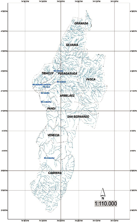 Cuenca hidrográfica de la región de Sumapaz. Los ríos y quebradas son coloreados en azul
