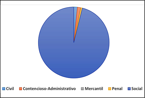Distribuci&oacute;n de sentencias de fibromialgia 1994-2016, en la jurisprudencia y doctrina espa&ntilde;olas seg&uacute;n el &aacute;rea del derecho.