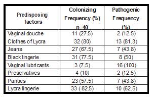 Frequency of risk factors in colonizing Candida spp. and in VVC.