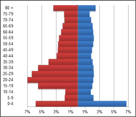 Distribuci&oacute;n porcentual, por sexo y edad en 
			  quinquenios, de los 282 millones de atenciones prestadas 
			  por el sistema de salud en 2015. A la izquierda est&aacute;n las 
		    mujeres.