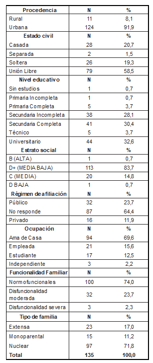Distribuci&oacute;n de las caracter&iacute;sticas sociodemogr&aacute;ficas y familiares de las mujeres embarazadas participantes de la delegaci&oacute;n de Iztapalapa, Distrito Federal de M&eacute;xico. 2015.