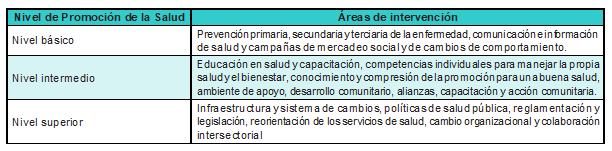 Áreas de intervención en salud de acuerdo con los niveles de promoción