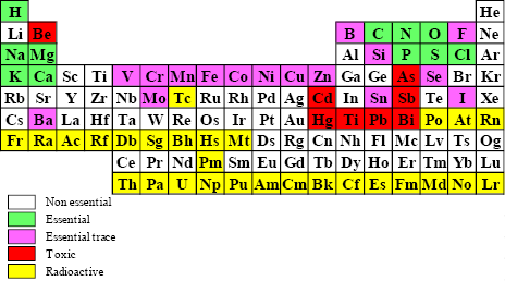 Periodic table of non essential, biologically essential, essential trace, toxic and radioactive elements